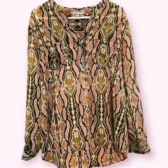 NY Collection Women’s Snakeskin Design Pink Brown Long Sleeve Sheer Button Up S - Picture 2 of 13